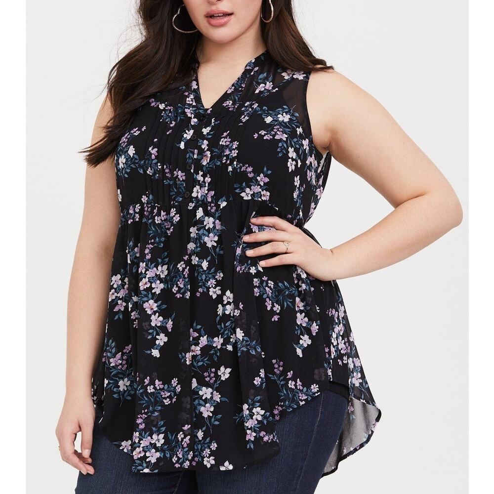 Torrid Womens Sheer Chiffon Floral Sleeveless Babydoll Tank Top Size 1X Pintuck